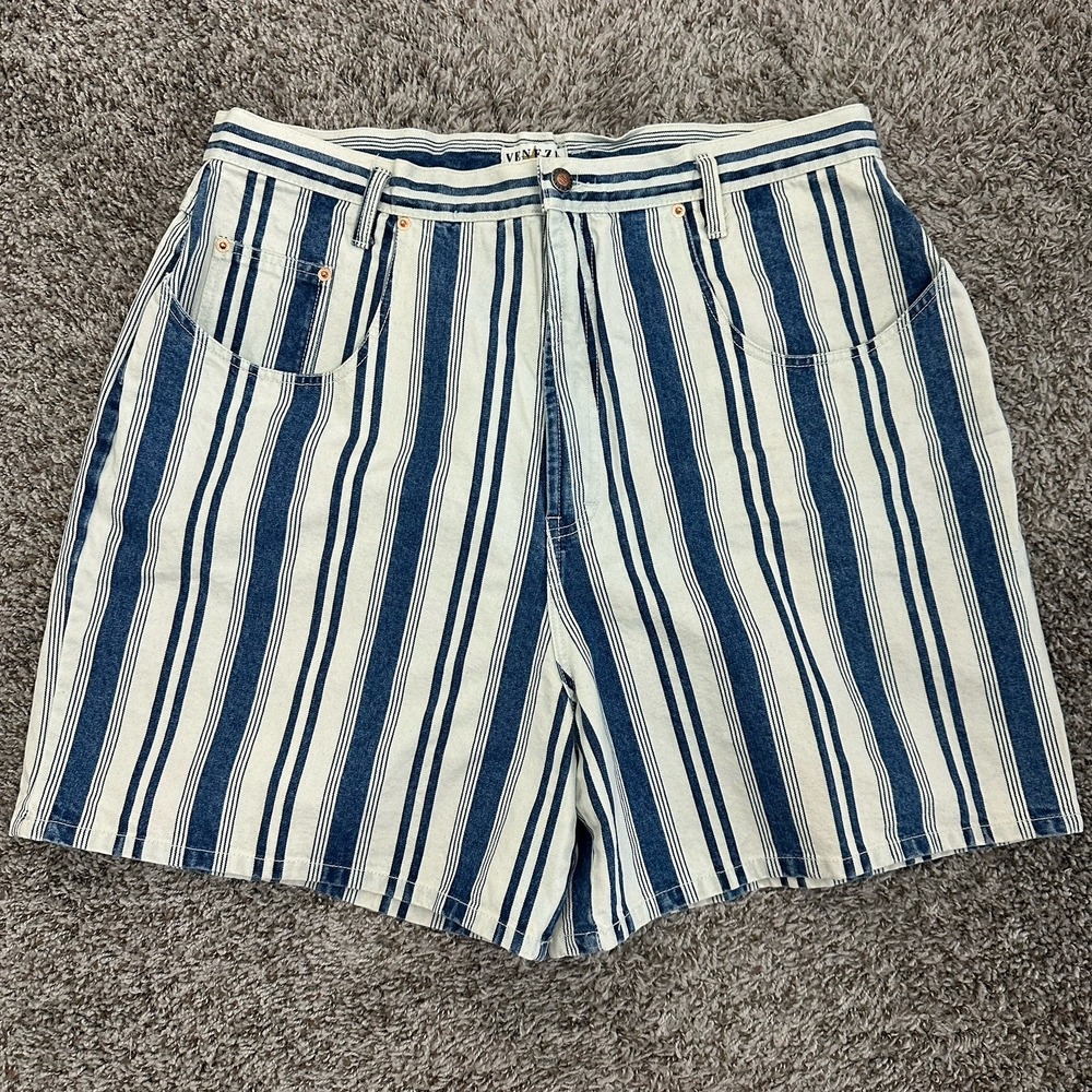 Vintage Venezia Striped Shorts‎ White Blue High Rise Denim Size 22W Y2K NWT